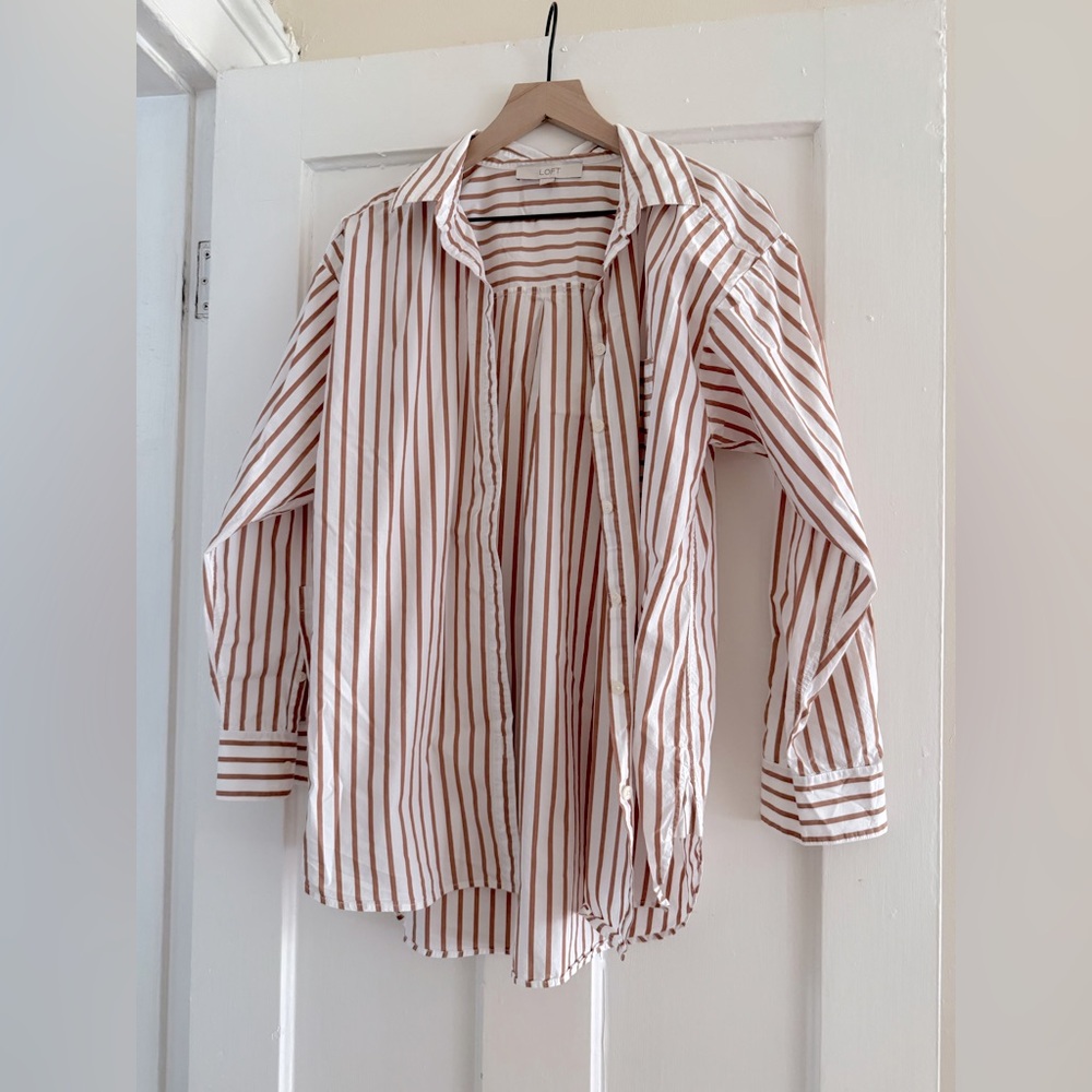 Loft Tan and White Striped Button-Up Shirt, M